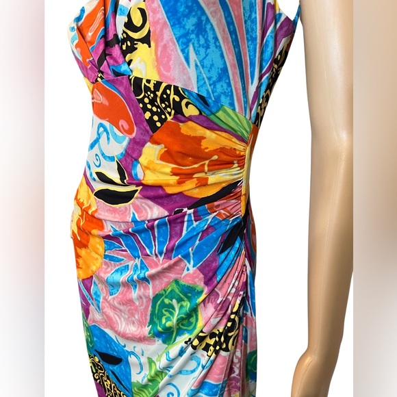 Lauren Ralph Lauren EUC Size 8P Tropical Floral Ruched Faux Wrap Dress (0464) - Picture 5 of 13